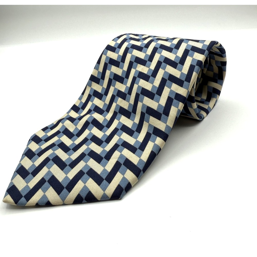Brooks Brothers Tie Mens Blue Beige Silk Geometric Pattern Made USA Necktie